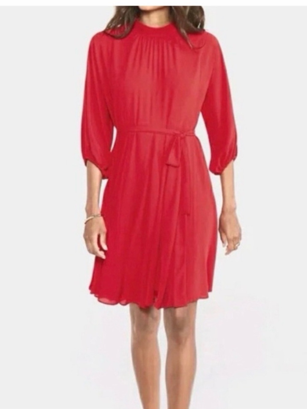 Ann Taylor Red Long Sleeve Pleated Tie-Waist Dress